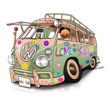 car caricature painting of a hippie style van
