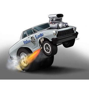 car caricature portrait of a hot rod car on its rear wheels