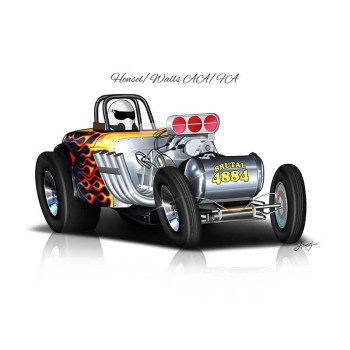 car caricature portrait of a drag race car with name and association text