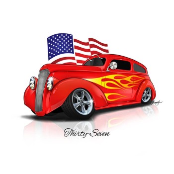 car caricature art of a car with text Thirty Seven and flag background