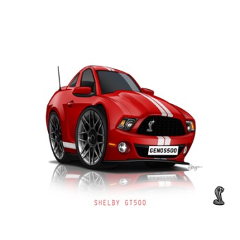 car caricature portrait of a sportscar with text Shelby GT500