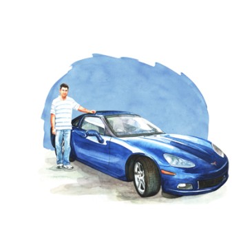 watercolor portrait of a man next to a sportscar