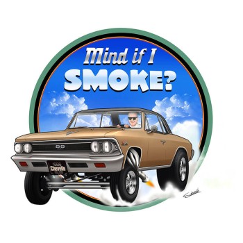 car caricature drawing of a vintage car with background art and text Mind If I Smoke