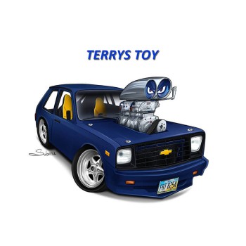 car caricature drawing of a hot rod car with text Terrys Toy
