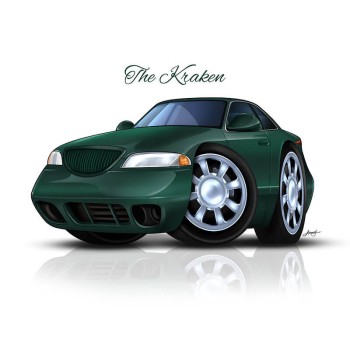 car caricature portrait of a car with text The Kraken