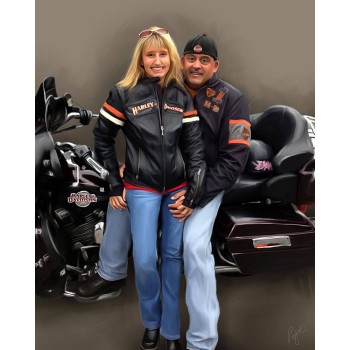oil portrait of a couple with their motorcycle