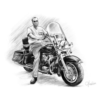 pencil sketch portrait of a man sitting on a motorcycle