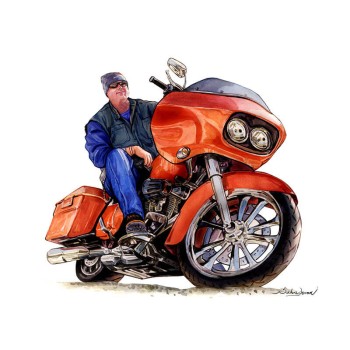 watercolor of a man on motorcycle caricature style