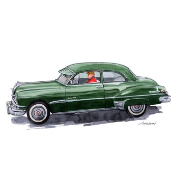 watercolor portrait of a man driving a classic car