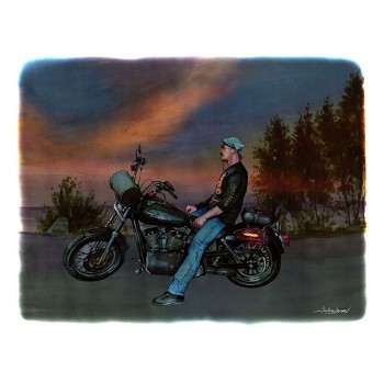 watercolor of a man on motorcycle at sunset