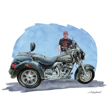 watercolor of a man standing by motorcycle