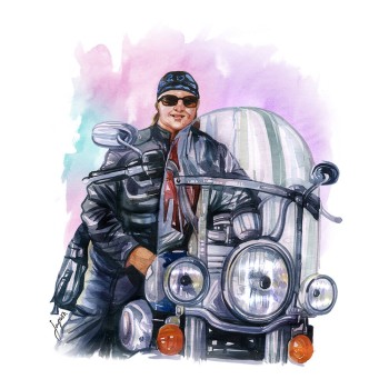 watercolor portrait of a man on a motorcycle