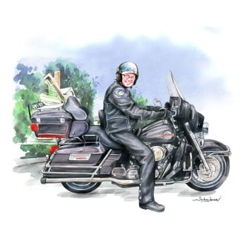 watercolor of a man on motorcycle with background house