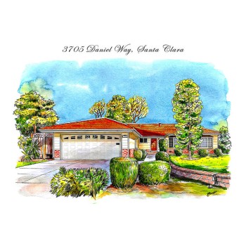 watercolor pen and ink art of a house with address text