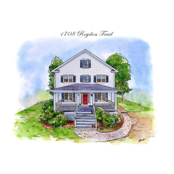 watercolor pen and ink of a house with address text