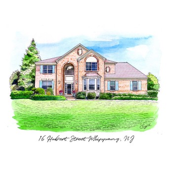 watercolor pen and ink of a house with address text