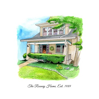 watercolor pen and ink painting of a house with family name text