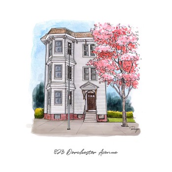 watercolor pen and ink art of a house with address text