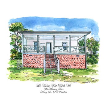 watercolor pen and ink artwork of a house with address text