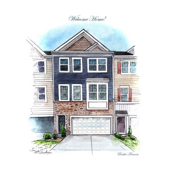 watercolor pen and ink sketch of a townhouse with Welcome Home text