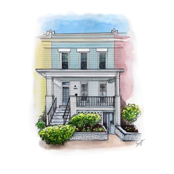 watercolor pen and ink art of a townhouse