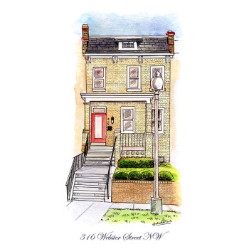 watercolor pen and ink sketch of a townhouse with address text