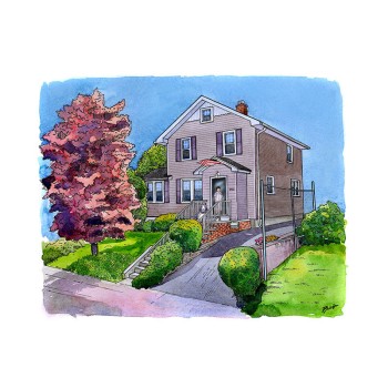 watercolor pen and ink artwork of a house