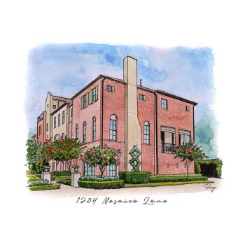 watercolor pen and ink painting of a building with address text