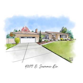 watercolor pen and ink sketch of a house with address text