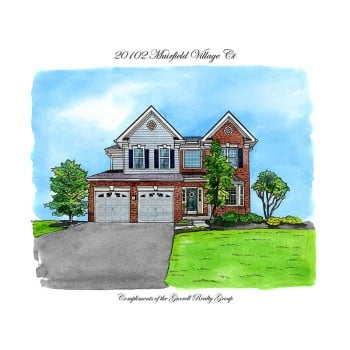 watercolor pen and ink painting of a house with address text