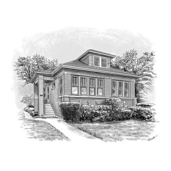 pen and ink black and white portrait of a house