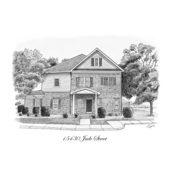 pen and ink black and white drawing of a house with address text