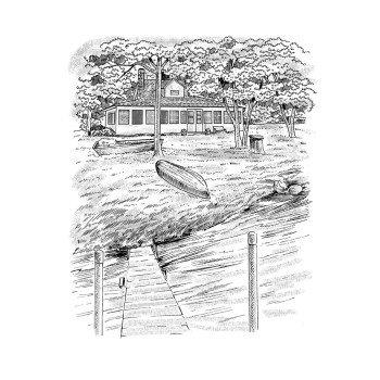 pen and ink black and white sketch of a house with dock