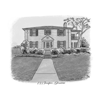 pen and ink black and white drawing of a house with address text