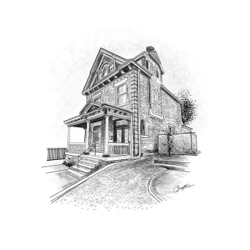 black and white pen and ink art of a house