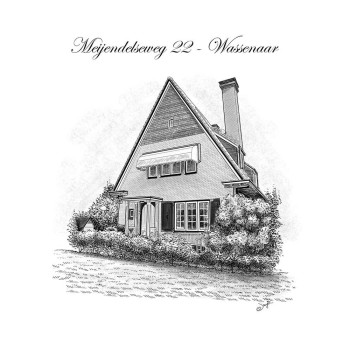 pen and ink black and white art of a house with text address