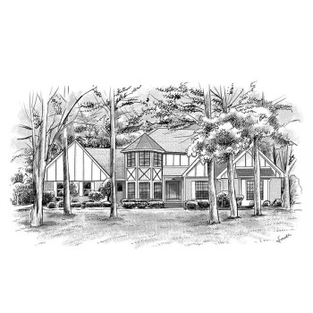pen and ink black and white sketch of a house