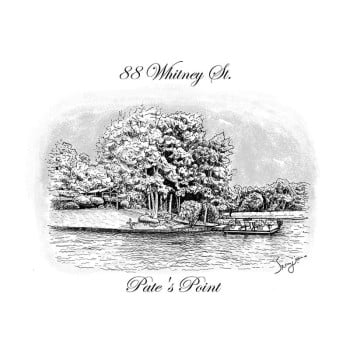 pen and ink black and white art of house on a lake with text Pate's Point