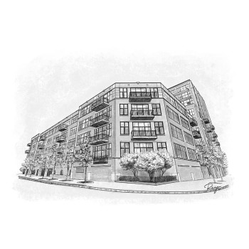 pen and ink black and white artwork of an apartment