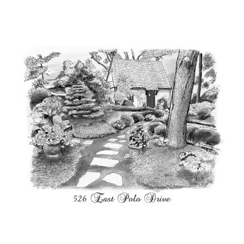 pen and ink black and white drawing of a house with address text