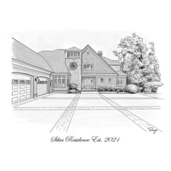 pen and ink in black and white of a house with name text