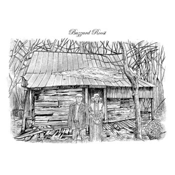 black and white pen and ink art of couple in front of house with street text