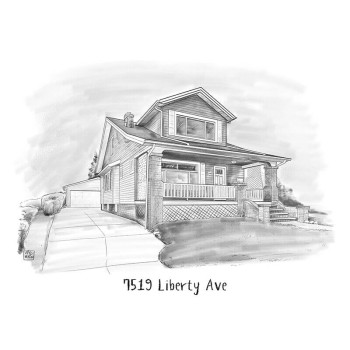 pen and ink black and white drawing of a house with address text