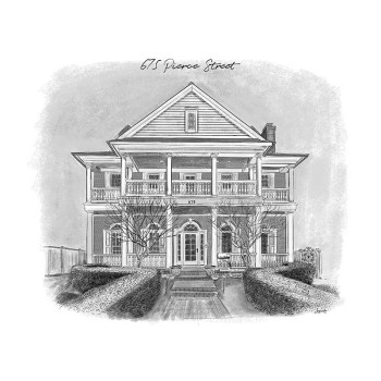 pen and ink black and white art of a house with address text