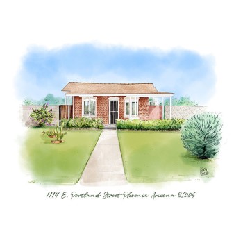 watercolor portrait of a house with text address in Phoenix, AZ