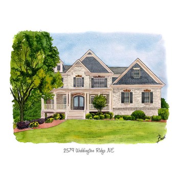 watercolor of a house with text address of Weddington Ridge