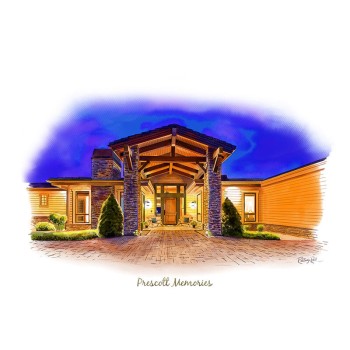 watercolor of a house at night with text Prescott Memories