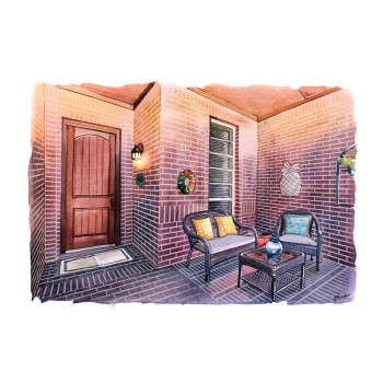 watercolor of a house porch in the evening