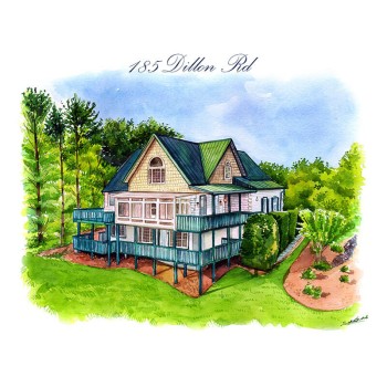 watercolor of a house with text address of Dillon Rd