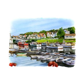 watercolor of a dock with boats and houses